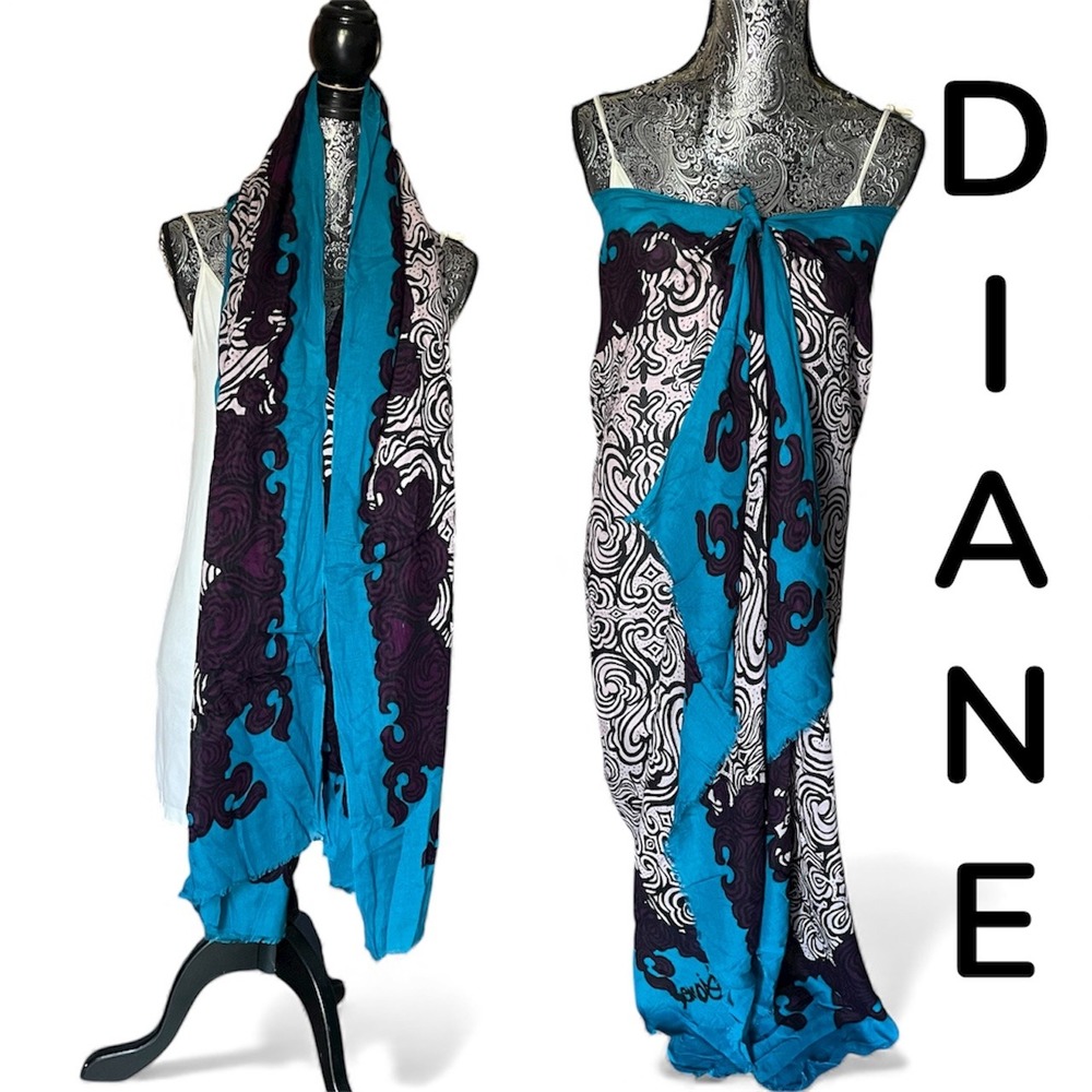 Diane Von Furstenberg Sarong Scarf Wrap Cover Up Blue‎ Black Purple White Swirl